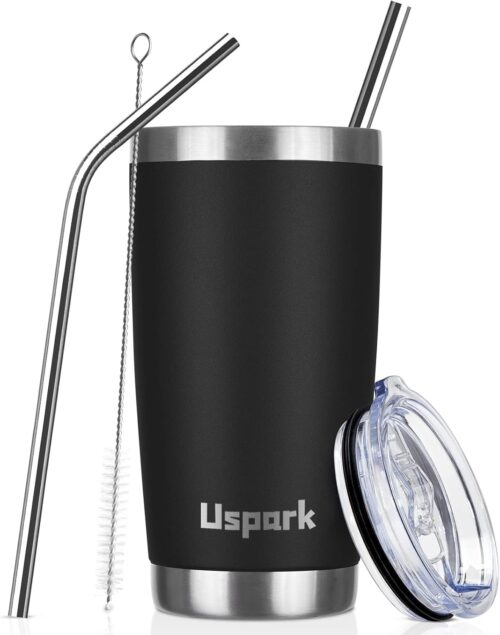 UsparkMC 20oz 550ml Tumbler Stainless Steel with Lid and Straw,Double Wall Vacuum Insulated Coffee Travel Mug for Hot & Cold,Reusable Cup,BPA Free,Black
