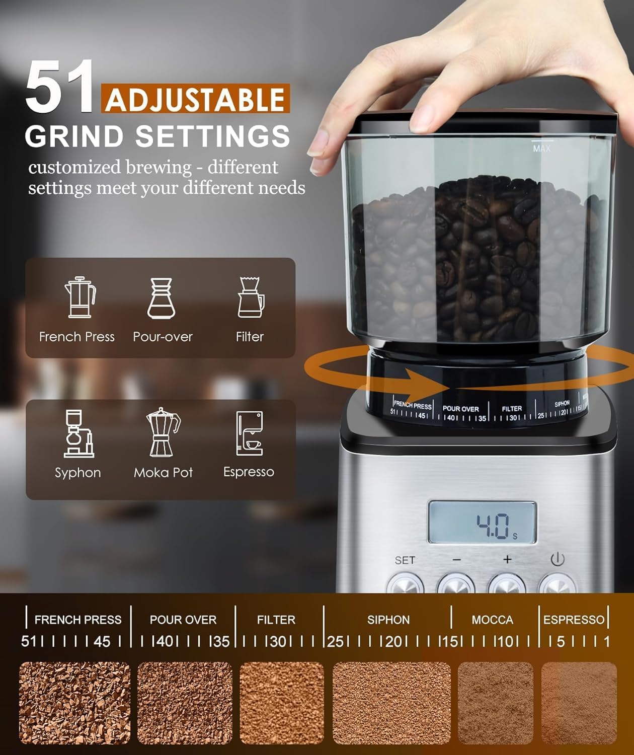 Homtone Conical Burr Coffee Grinder Electric for Portafilter and Container, 51 Grind Settings Adjustable Coffee Grinder for Drip/Pour Over/Espresso/French Press, Anti-Static, 12 Cup - Image 2