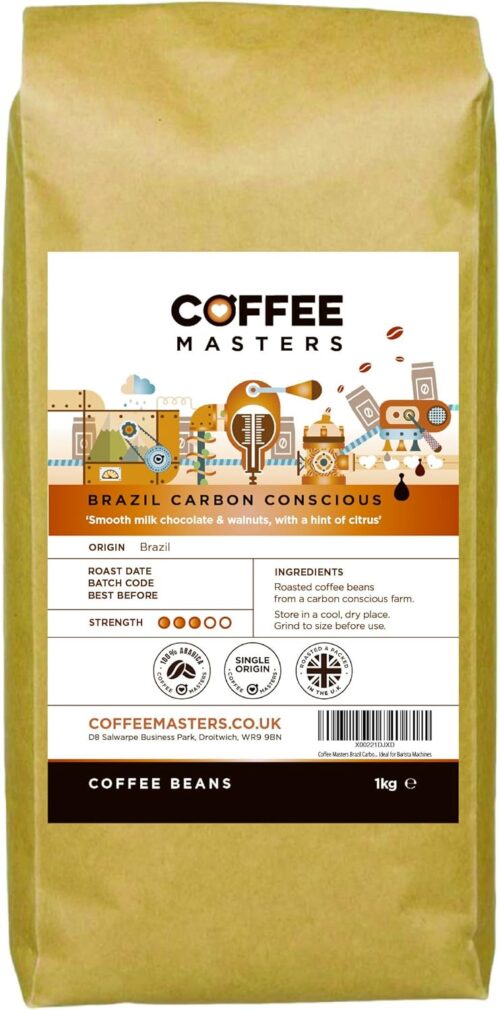 Coffee Masters Brazil Carbon Conscious Coffee Beans 1kg – Single Origin 100% Arabica for a Heavy Bodied Creamy Espresso – Medium Roasted Brazilian Bean Ideal for Barista Machines