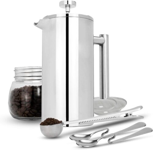 Maison & White French Press Cafetiere Stainless Steel Coffee Press Maker Free Extra Filter/Measuring Spoon/Bag Clip Double Wall Insulation 7 Coffee Gift Set 350 ml