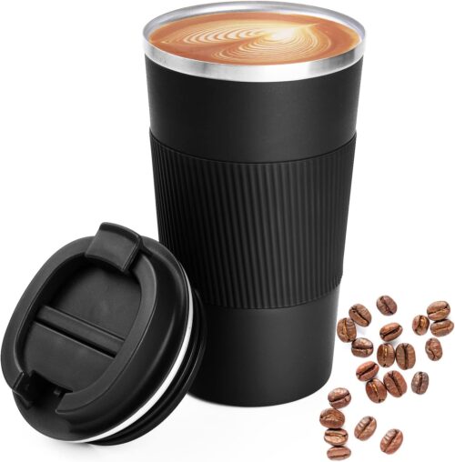 Breteil Travel Mug 500ml Reusable Coffee Cup Vacuum Insulated Coffee Mug Portable Travel Mug with Leakproof Lid Stainless Steel Thermal Mug for Hot/Cold Coffee Water and Tea (Black)
