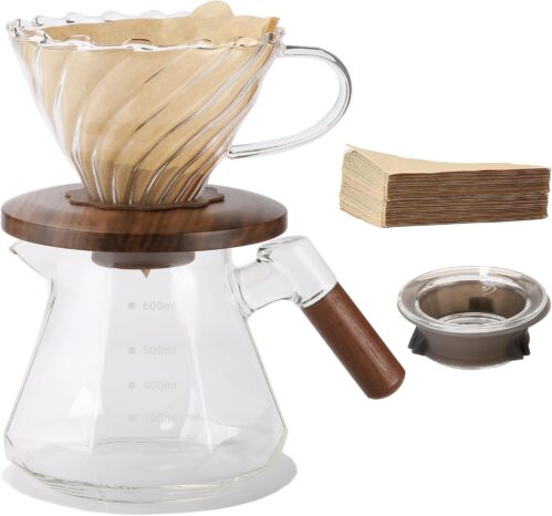 Lalord Pour Over Coffee Maker, 600 ml Borosilicate Glass Set with 100 pcs Size 02 Paper Filter, Walnut Collar & Glass Lid, Drip Coffee Maker, 1-3 Cups, Clear