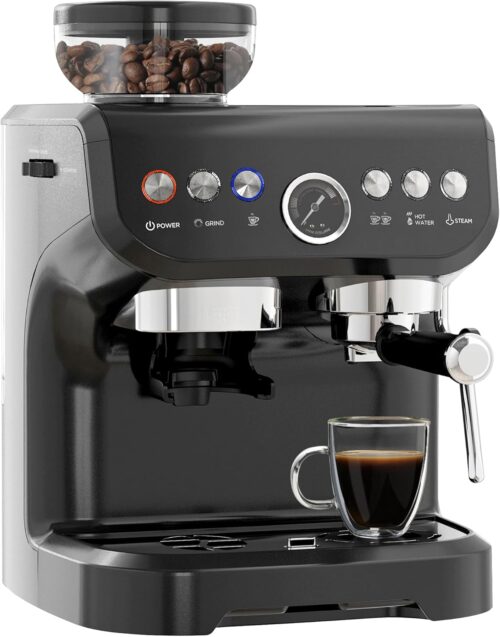 HOMCOM Espresso Machine with Integrated Bean Grinder & Steam Wand, Bean to Cup Coffee Machine with 15 Bar Italian Pump, 2L Water Tank, Cappuccino Maker, Stainless Steel Black
