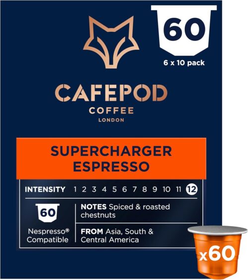 CafePod Espresso Coffee Pods – Compatible with Nespresso Coffee Machine, Intensity 12 with Rich Caramelised Chestnut Notes – Rainforest Alliance Sourced – Supercharger Espresso 60 Capsules