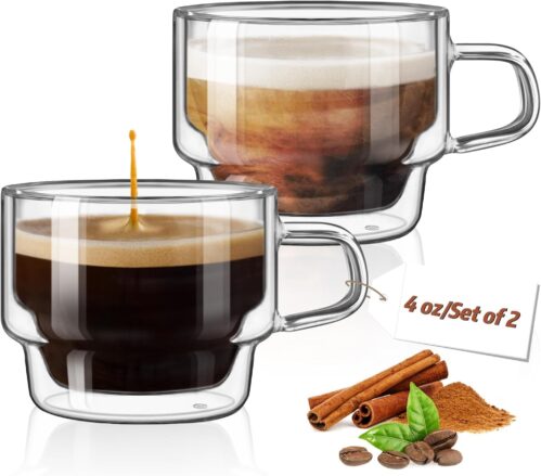 glastal Stackable Espresso Cup 120ml Double Walled Glass Espresso Coffee Cups Set of 2, Clear Glass Coffee Cups with Handle, Espresso Glass for Tea, Milk – Birthday Christmas Gifts for Women Man