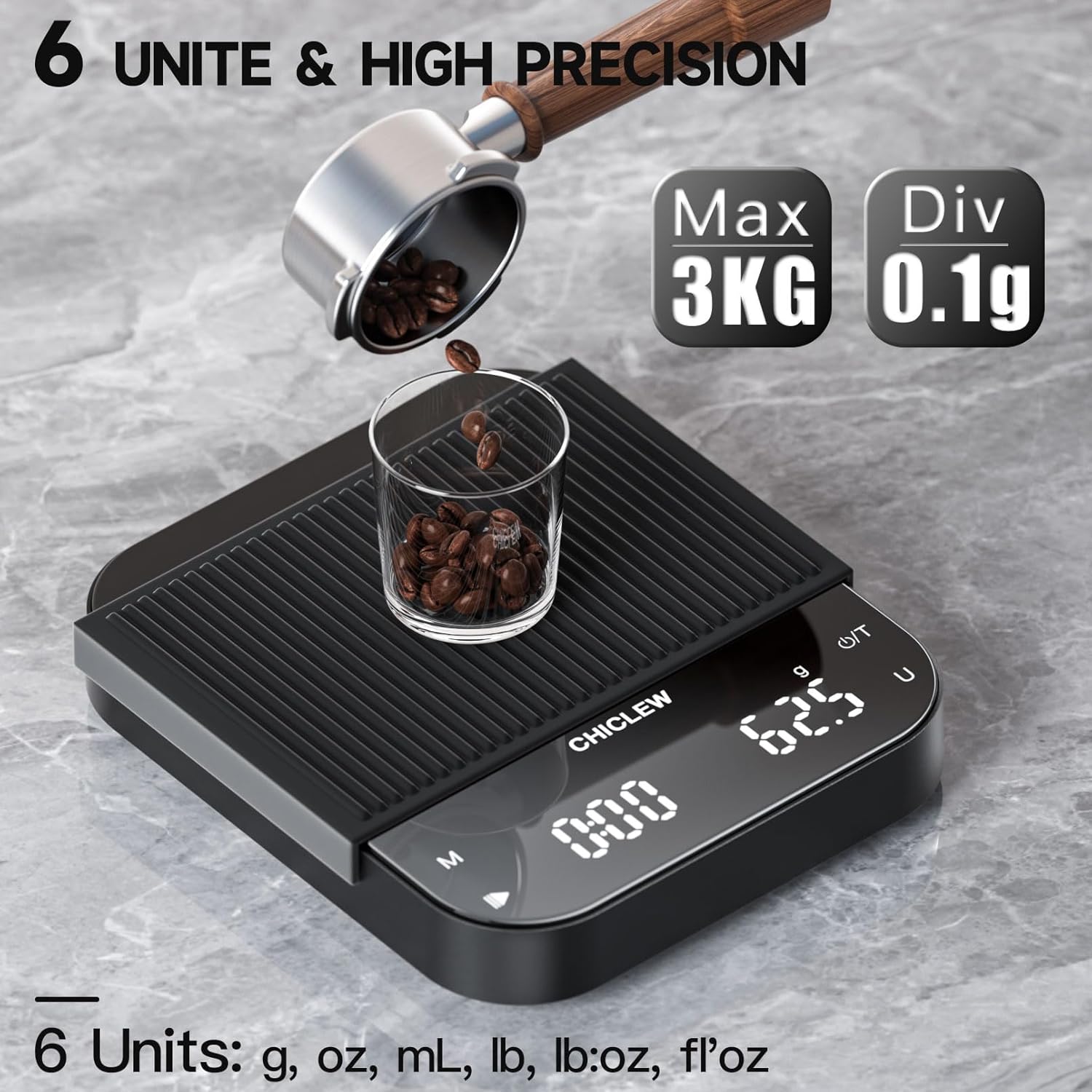 CHICLEW Rechargeable Coffee Scale with Timer, 3kg/0.1g Espresso Scale for Pour-Over Coffee, 3 Modes 6 Units Precision Scale for Barista Tool, Portable Digital Kitchen Scale with Gravity Sensor - Image 3