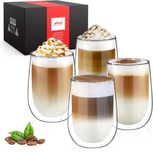 glastal 4x350ml Double Walled Coffee Glasses Mugs Cappuccino Latte Macchiato Glasses Cups for Coffee Tea Milk Juice Ice Cream Borosilicate Heat Resistant Glass Cups