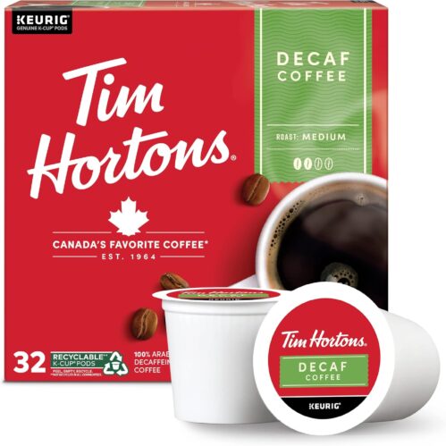 Tim Hortons Decaf, Medium Roast Coffee, Single-Serve K-Cup Pods Compatible with Keurig Brewers, 32ct K-Cups, Red