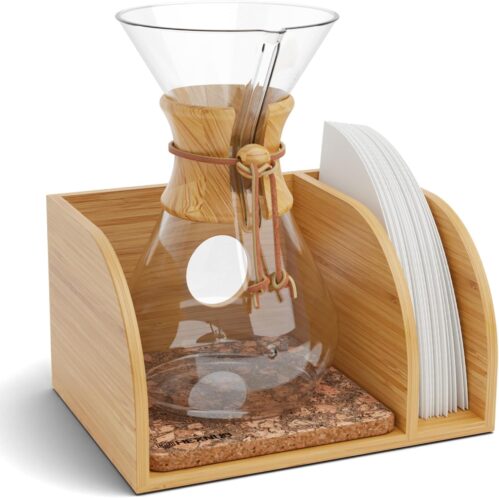 HEXNUB – Caddy for Chemex and Pour Over Coffee Maker, Bamboo Stand with Chemex Filter Holder, Fits Chemex Coffee Maker, Bodum, Cosori, Includes Heatproof Mat – Cork