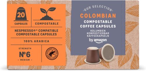 by Amazon Compostable Coffee Capsules Compatible with Nespresso, 100% Colombian Arabica, 20 Count