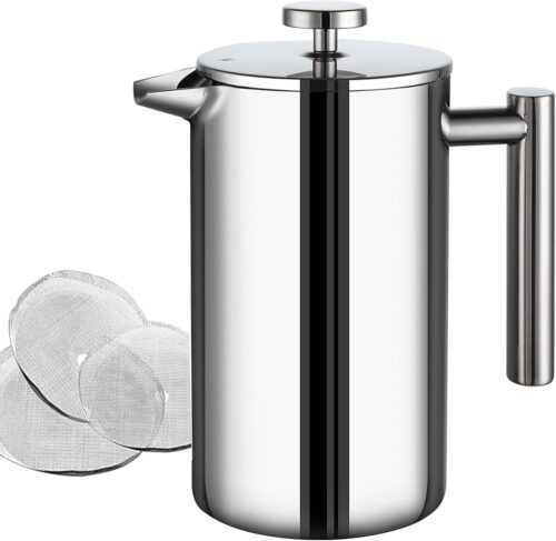 Wrobic Cafetiere French Press Coffee Maker, 1500ml/50oz large insulated cafetiere, Double-Wall Insulated Stainless Steel, 3 Level Filtration System, French Press for Home, Camping and Office, Silver