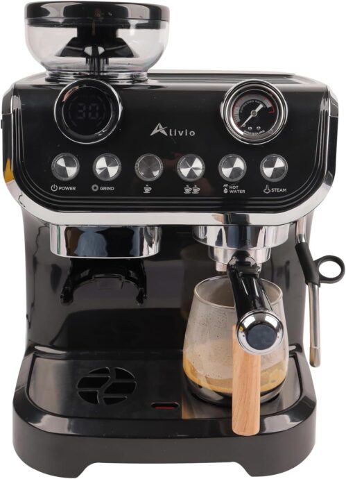 Alivio 2L Bean to Cup Coffee Machine, Automatic Coffee Maker with Grinder and Milk, Professional Espresso Cappuccino Maker for Office Home 1450W (Black)