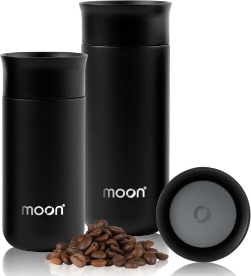 Moon 360° Travel Mugs | S-2 Version for Best Thermal Performance & Easy Clean – 100% Leak Proof Coffee Cup Travel Mug – Flasks for Hot and Cold Drinks – Fits Car Cup Holders, UK Company (500ml, Black)