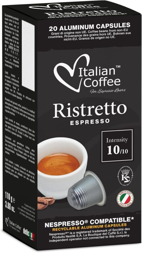 Nespresso compatible capsules Italian Coffee Espresso pods (Ristretto, 100 Aluminium Pods)