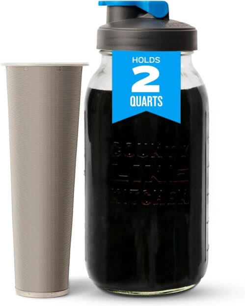 County Line Kitchen Cold Brew Coffee Maker, Mason Jar Pitcher – Heavy Duty Soda Lime Glass w/Stainless Steel Mesh Filter & Flip Cap Lid – Iced Tea & Coffee