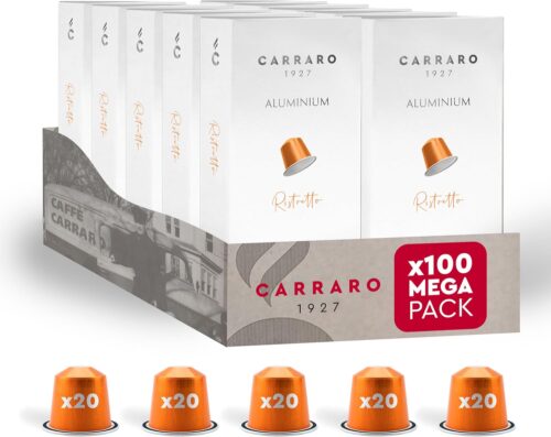 Carraro Ristretto – x100 Aluminium Coffee Pods Compatible with Nespresso Original line – Intensity 12/12, Dark Roast Coffee Capsules Made in Italy