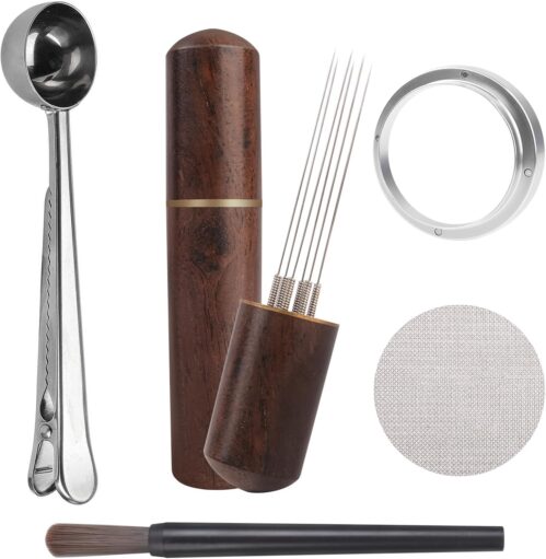 5Pcs Espresso Accessories Set, Wdt Tool Espresso, Coffee Accessories Barista Set, Stainless Steel 6 Pin Espresso Stirrer, 54mm Dosing Funnel & Puck Screen, 2 in 1 Coffee Bag Clip & Coffee Spoon