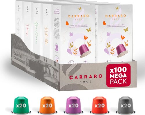 CARRARO Variety Pack – 100 Aluminium Coffee Pods Compatible with Nespresso Original line Machines – Medium & Dark Roast Coffee Capsules, 10 Packs – 100 Servings, Espresso Made in Italy