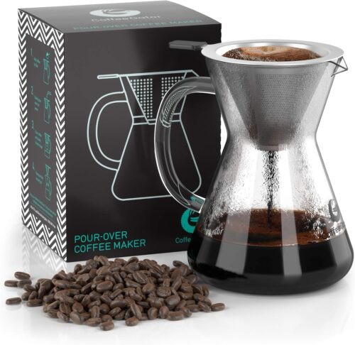 Coffee Gator Pour Over Coffee Maker – 400ml Paperless, Portable, Drip Coffee Brewer Pour Over Set with Glass Carafe & Stainless-Steel Mesh Filter