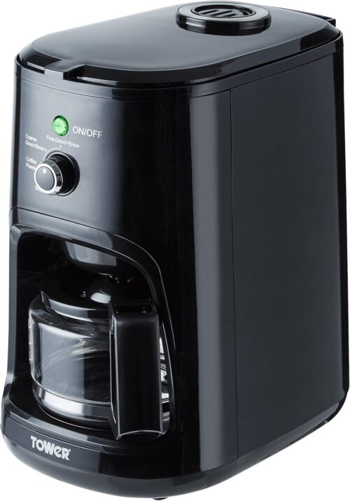 Tower T13005 Filter Coffee Machine with built in coffee grinder, Coarse and Fine Grinding Options, Bean to Cup, 0.6 Litre, 900 W, Black