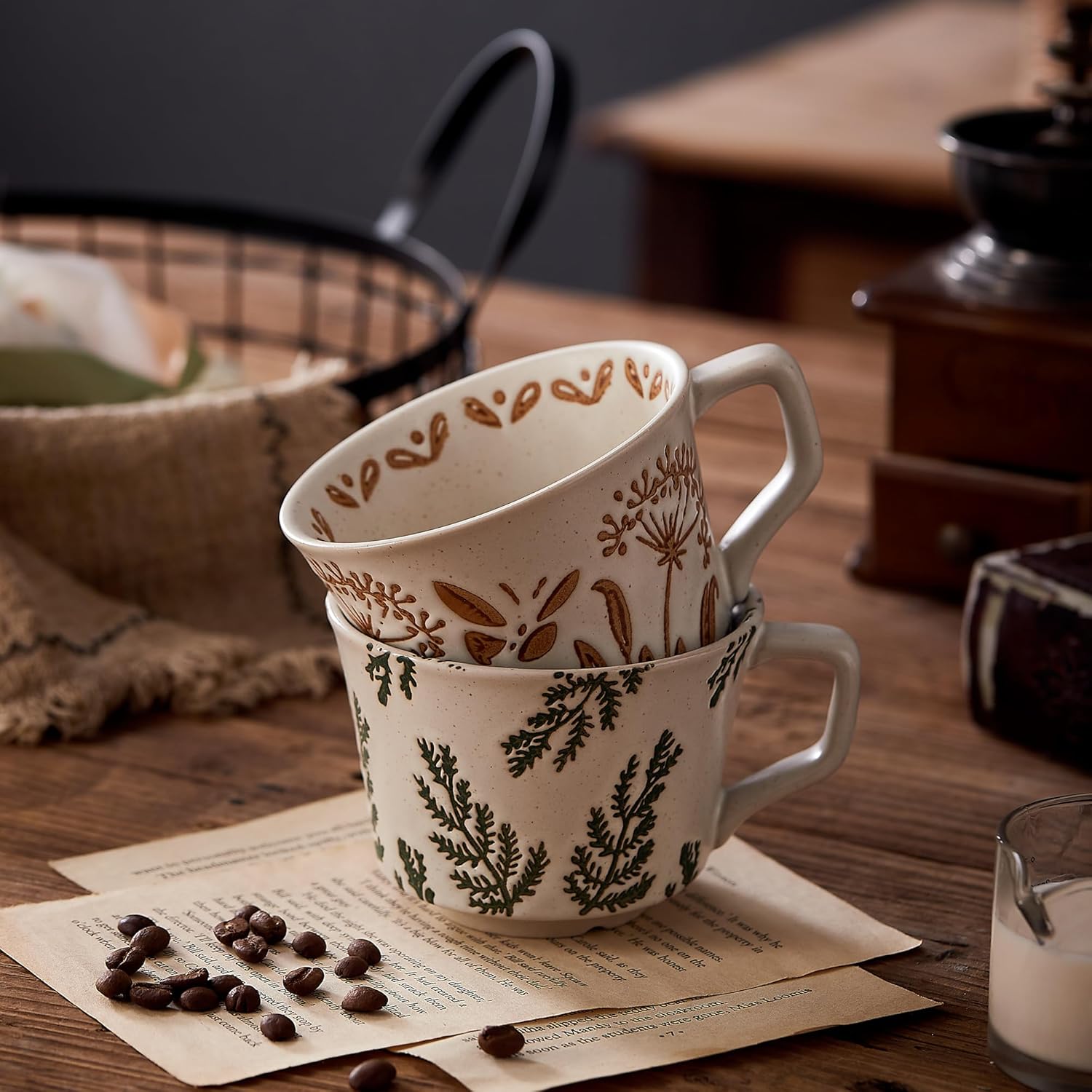 Swuut 12oz Rustic Ceramic Coffee Mug Set of 2 - Handmade Pottery Countryside Coffee Mugs with Big Handle for Latte,Tea,Milk,Hot Cocoa,Dishwasher & Microwave Safe(Plants) - Image 2