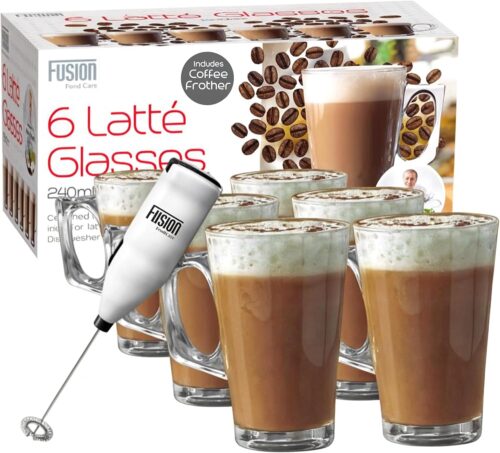 Fusion Food 6X Glass Coffee Mugs 240ml Includes Milk Frother Double Walled Glass Latte Espresso Coffee Cup Condensation Free Heat Resistant Exterior Dishwasher Safe Insulated Coffee Cups