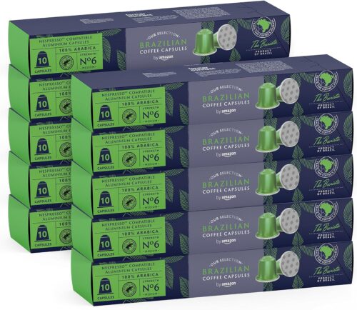 by Amazon Brazilian Coffee Nespresso Compatible, Medium Roast, 100 Aluminium Capsules, 100 Count, Pack of 10 – Rainforest Alliance Certified