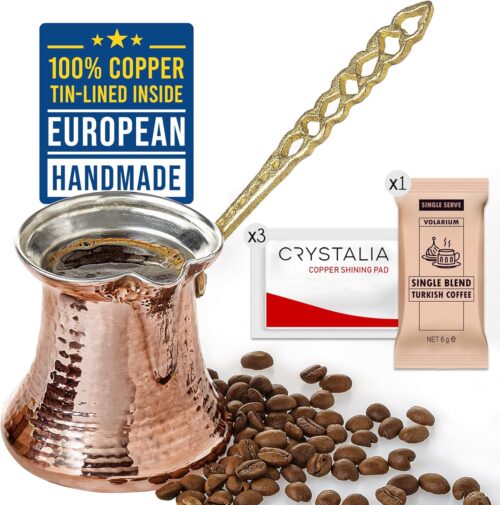 Volarium CRYSTALIA Premium Quality Handmade Turkish Coffee Pot, Turkish Coffee Maker, Cezve, Greek Coffee Pot, Arabic Coffee Pot, Hammered Copper Coffee Pot, Butter Pot, Copper Pot