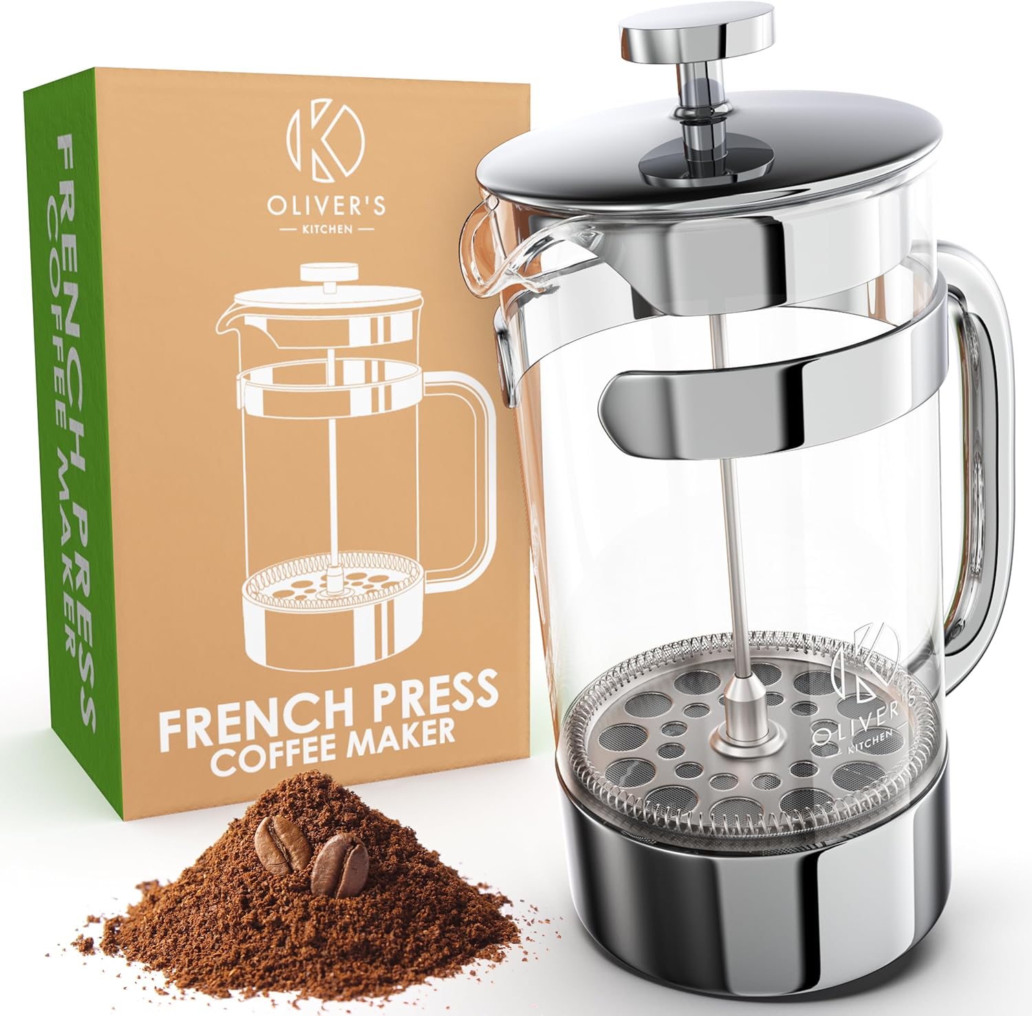 Oliver's Kitchen ® 1 Litre French Press Coffee Maker - A Cafetiere Designed Exclusively for Coffee Lovers - Enjoy Pure Authentic Coffee At Home - Stylish Design with Heat Resistant Thickened Glass