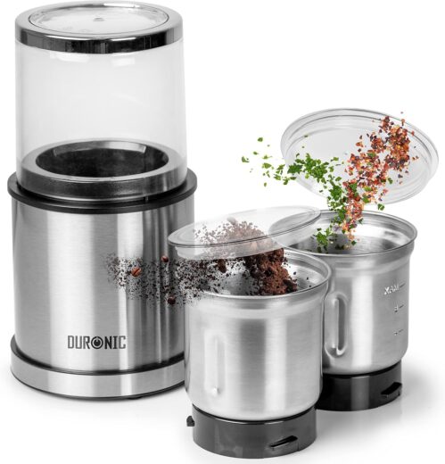 Duronic Electric Blade Coffee Grinder CG421, 2 in 1 Spice Grinder Kitchen Machine, Wet & Dry Grinding Mini Mill Hopper, 75g/220ml, 200W, 2X Stainless Steel Cups for Beans, Herbs, Nuts