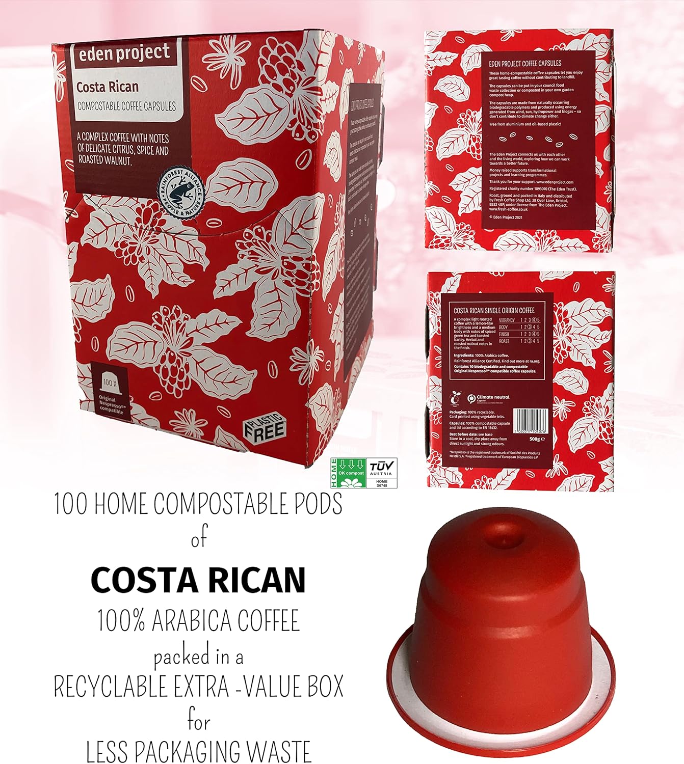 THE EDEN PROJECT 100 COSTA RICAN Home Compostable Coffee Pods - Compatible with Nespresso Original system coffee machines - EXTRA VALUE 100 POD PACK - Image 2